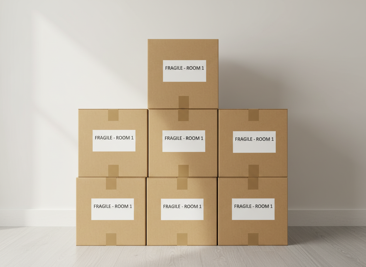 A neatly stacked set of pristine, medium-sized moving boxes crafted from heavy-duty brown cardboard, each with crisp edges and uniform white labeling. The boxes are arranged on a clean, light-grey laminate floor in front of a smooth, neutral off-white wall, giving a calm backdrop free of clutter. Soft, diffused natural daylight filters in from an unseen window, creating gentle highlights across the boxes and subtle, elongated shadows behind. The overall composition is balanced, with a slightly elevated angle and centered framing to convey professionalism and order. The mood is orderly and stress-free, set in a photographic realism style with clean lines and a corporate, structured aesthetic. This image represents the reliable core of a removals business.