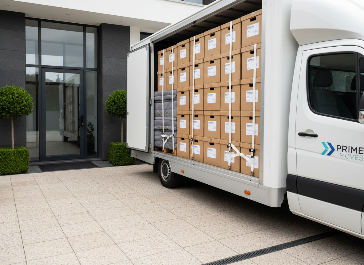 A spacious modern removals van with a spotless white finish and a subtle company logo parked beside a manicured, minimalist home entrance. The van’s open cargo area reveals perfectly organized rows of labeled moving crates and padded furniture, all meticulously harnessed with clean, crisp straps. The driveway is paved in neutral terrazzo, flanked by neatly trimmed bushes. Bright, indirect daylight brightens the scene, casting gentle, clean shadows and highlighting chrome and paint textures. The image is captured from a slightly low, wide-angle shot for a sense of scale and security, emphasizing clean structure, efficiency, and trust in a professional photographic, clean, and balanced composition.