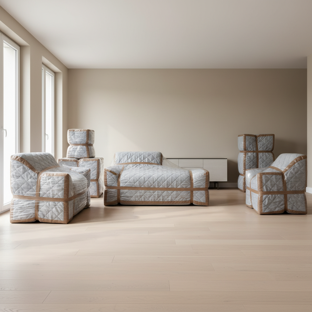 An immaculate, empty living room featuring neutral-toned walls, a pale hardwood floor, and a collection of carefully wrapped furniture situated in organized groups ready for transport. Each piece—like a minimalist sofa and sideboard—are expertly covered in quilted, light-grey protective blankets and shrink wrap, with packing tape neatly securing edges. Natural, soft daylight streams through large, unobstructed windows, casting gentle, elongated shadows and highlighting the textures of wrapping. The mood is serene and controlled, communicating expert preparation. The composition uses the rule of thirds and maintains open space, emphasizing a calm transition, in a photographic, clean, and modern style ideal for a removals business.