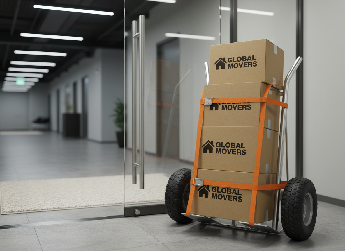 A close-up of a heavy-duty, silver metal hand truck featuring sturdy, rubberized wheels and a neatly stacked set of branded moving boxes securely strapped on. The hand truck is parked next to a sleek glass foyer door within a tidy, modern hallway featuring concrete tile flooring and a soft, neutral rug. Overhead, cool-toned artificial lighting creates subtle reflections on the hand truck’s polished metal surface and faint shadows on the floor, exuding a sense of dependability and readiness. Shot from an eye-level perspective with shallow depth of field, focusing sharply on the textured materials, this image conveys approachability and practical professionalism, aligning with a clean, photographic corporate style.